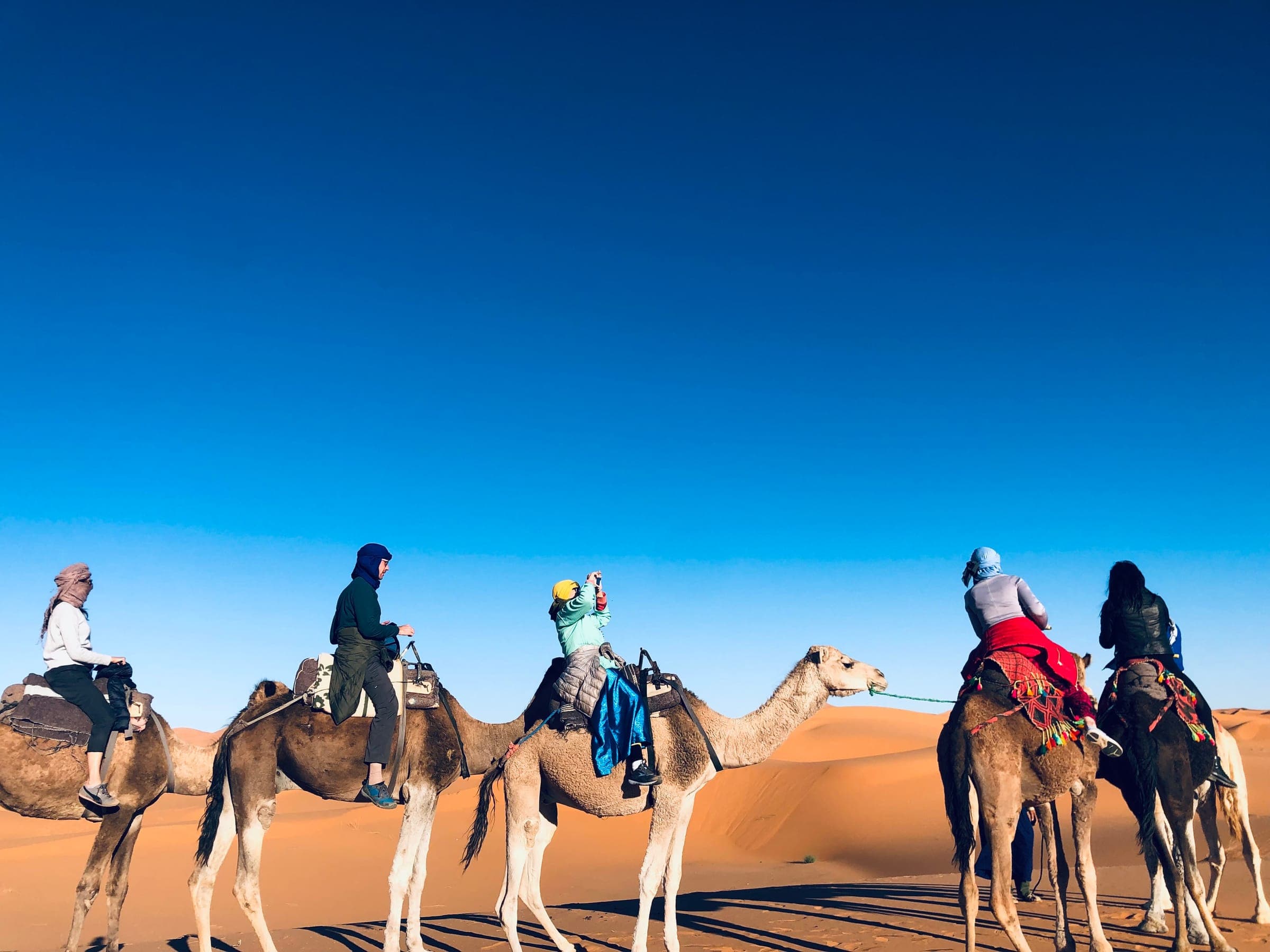 Travellers on a camel trek in the Erg Chebbi dunes